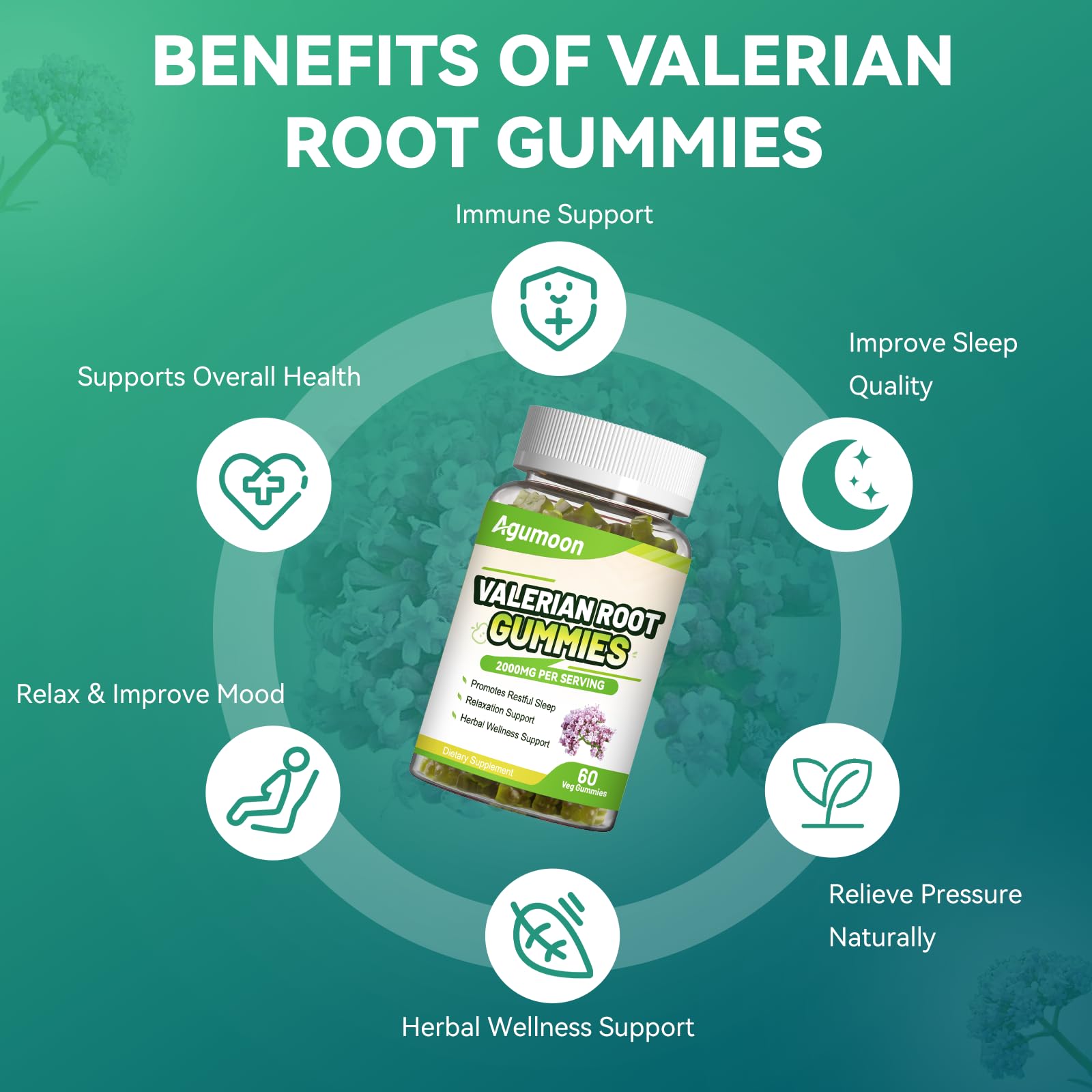 Authentic imported 60 count valerian root gummy bottle for daily tension relief.