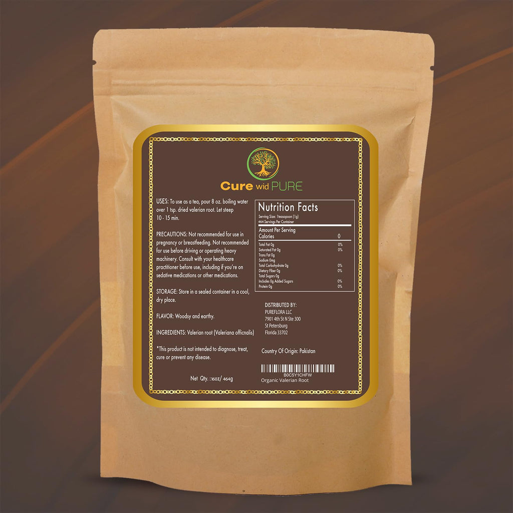Cure Wid Pure cut and sifted loose valerian root tea showing organic herbal texture