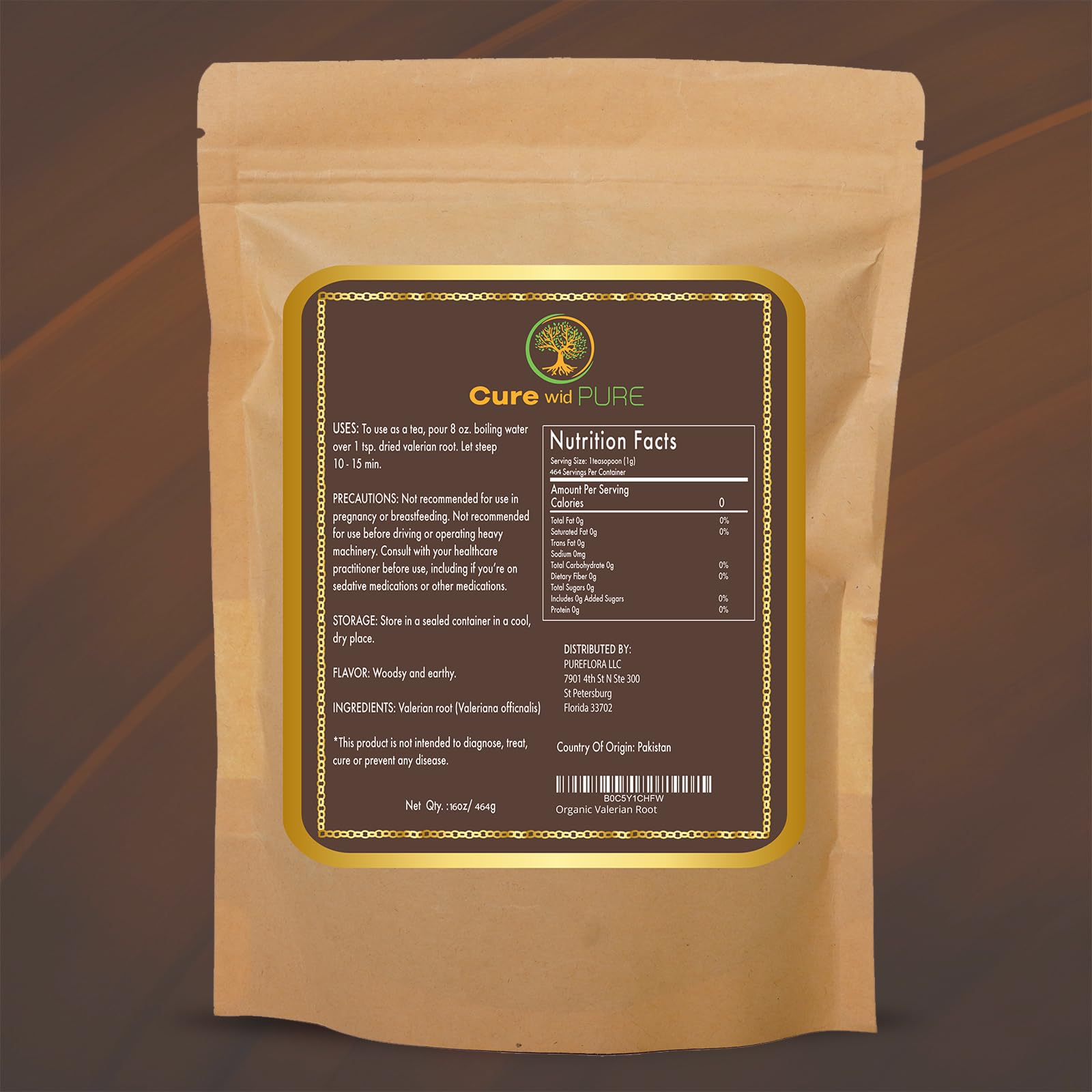 Cure Wid Pure cut and sifted loose valerian root tea showing organic herbal texture