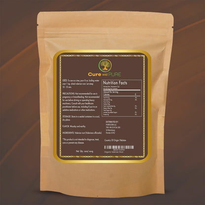 Cure Wid Pure cut and sifted loose valerian root tea showing organic herbal texture