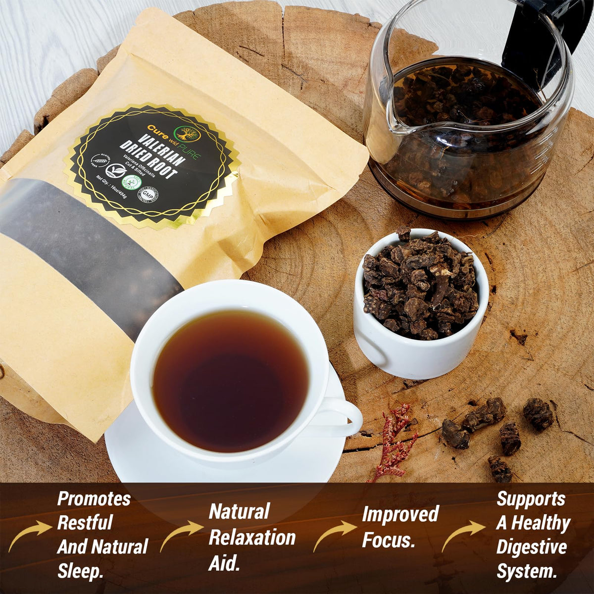 Certified organic and vegan logo details on Cure Wid Pure valerian root packaging