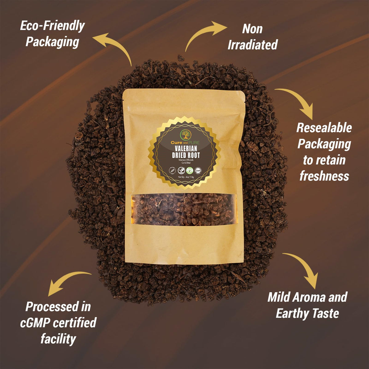 Back panel of Cure Wid Pure valerian root pouch showing brewing instructions and facts