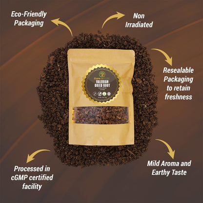 Back panel of Cure Wid Pure valerian root pouch showing brewing instructions and facts