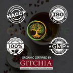 Brewed cup of organic valerian root loose leaf herbal tea next to the packaging