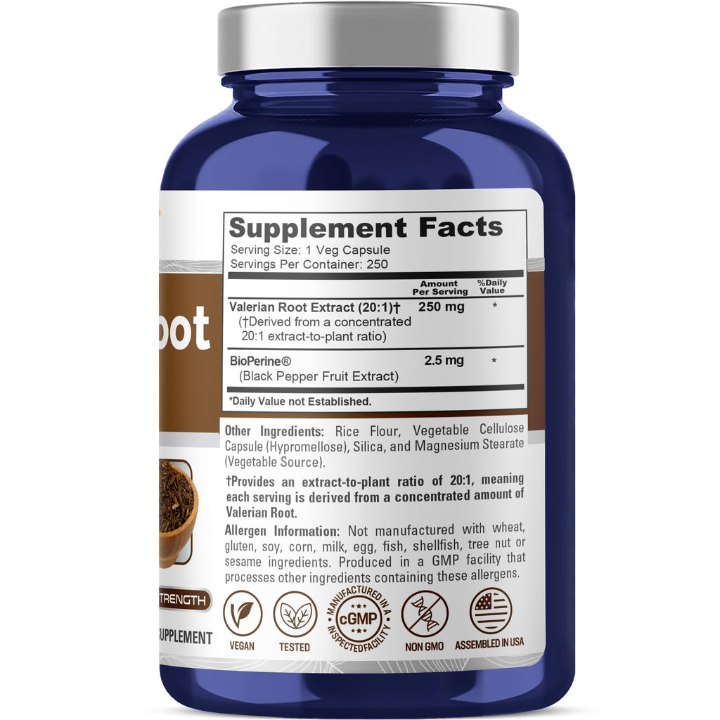 NusaPure Valerian Root supplement bottle angled view highlighting the premium ingredients list.