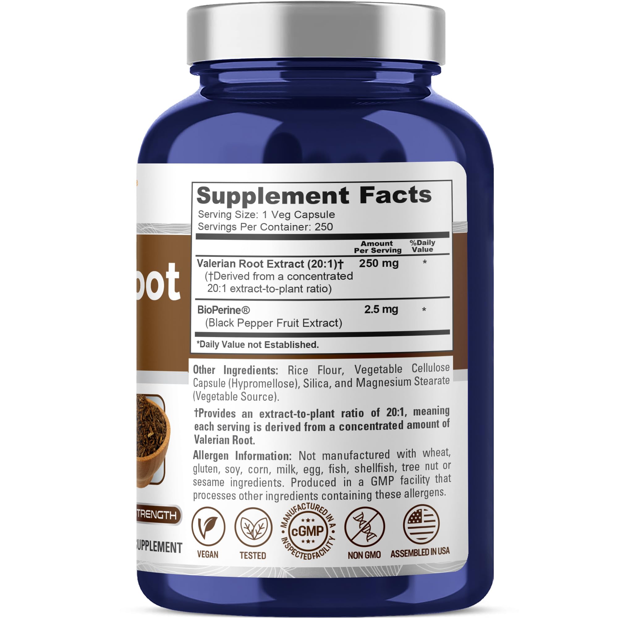 NusaPure Valerian Root supplement bottle angled view highlighting the premium ingredients list.