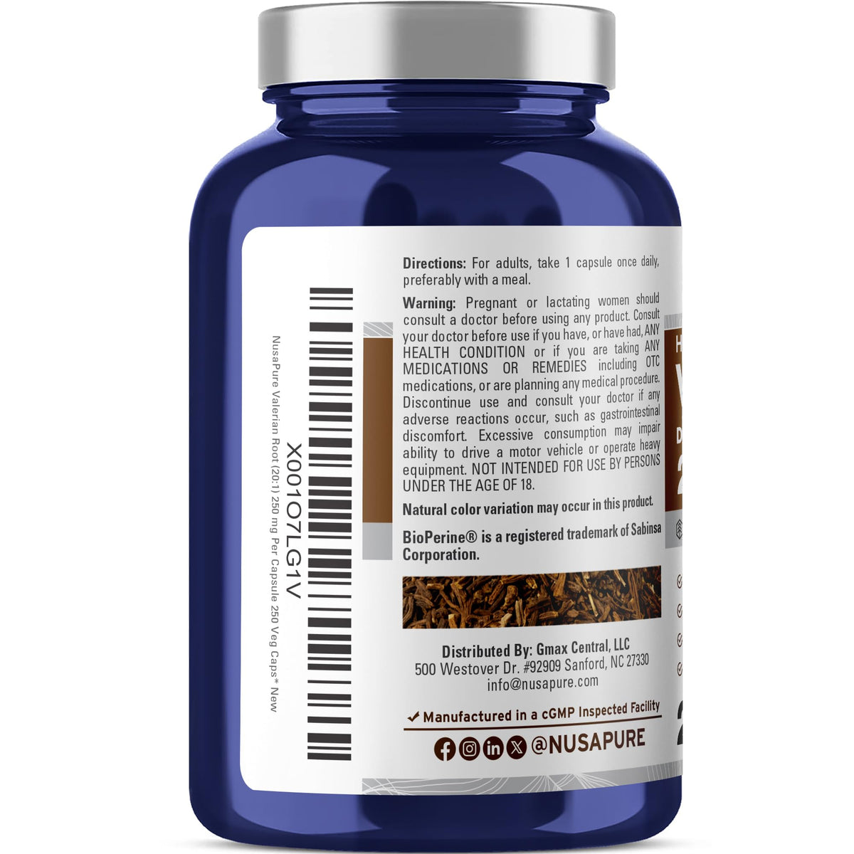 NusaPure Valerian Root capsules showing the clear safety seal and manufacturing features.