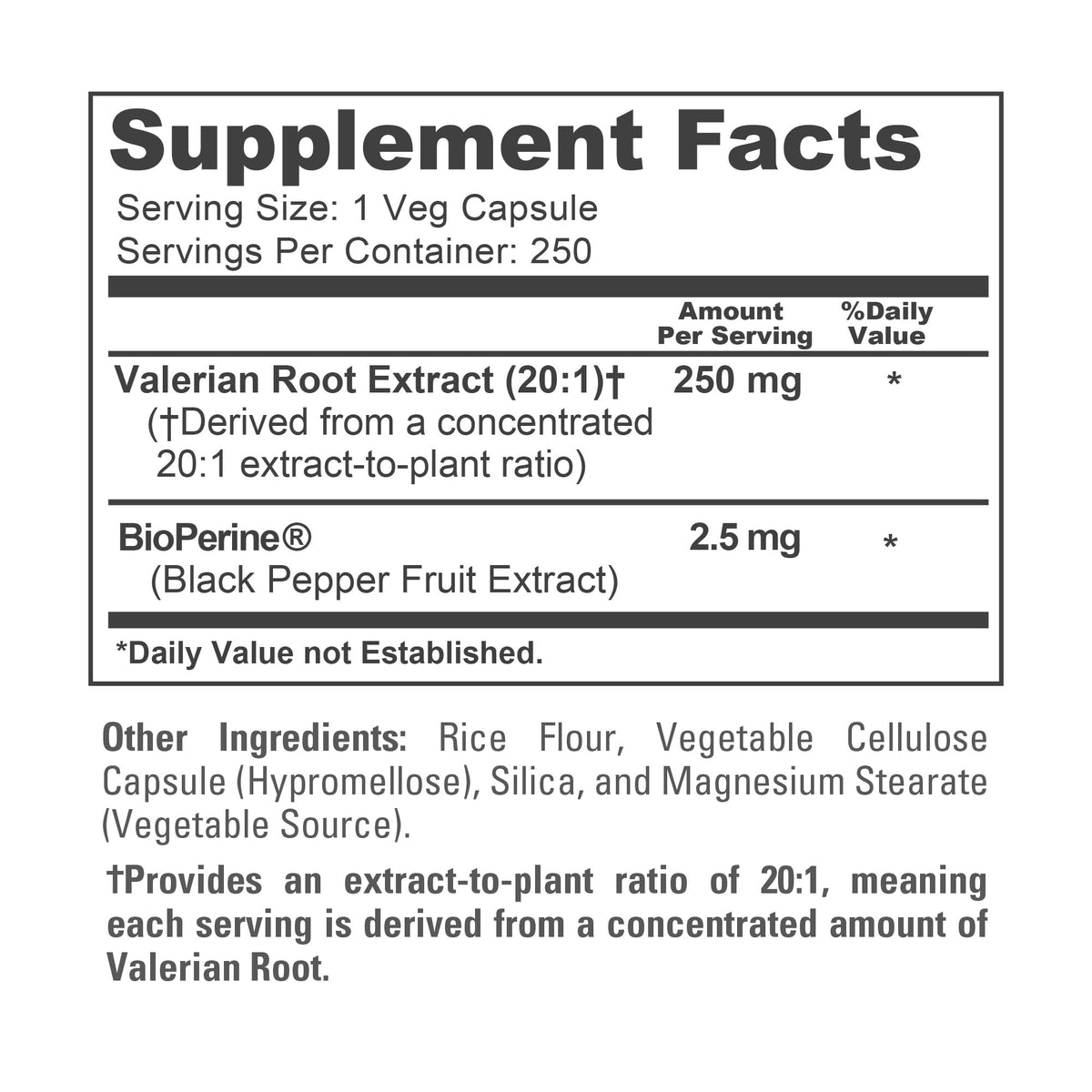 NusaPure Valerian Root 250 count vegetarian capsules side panel displaying dosage instructions.