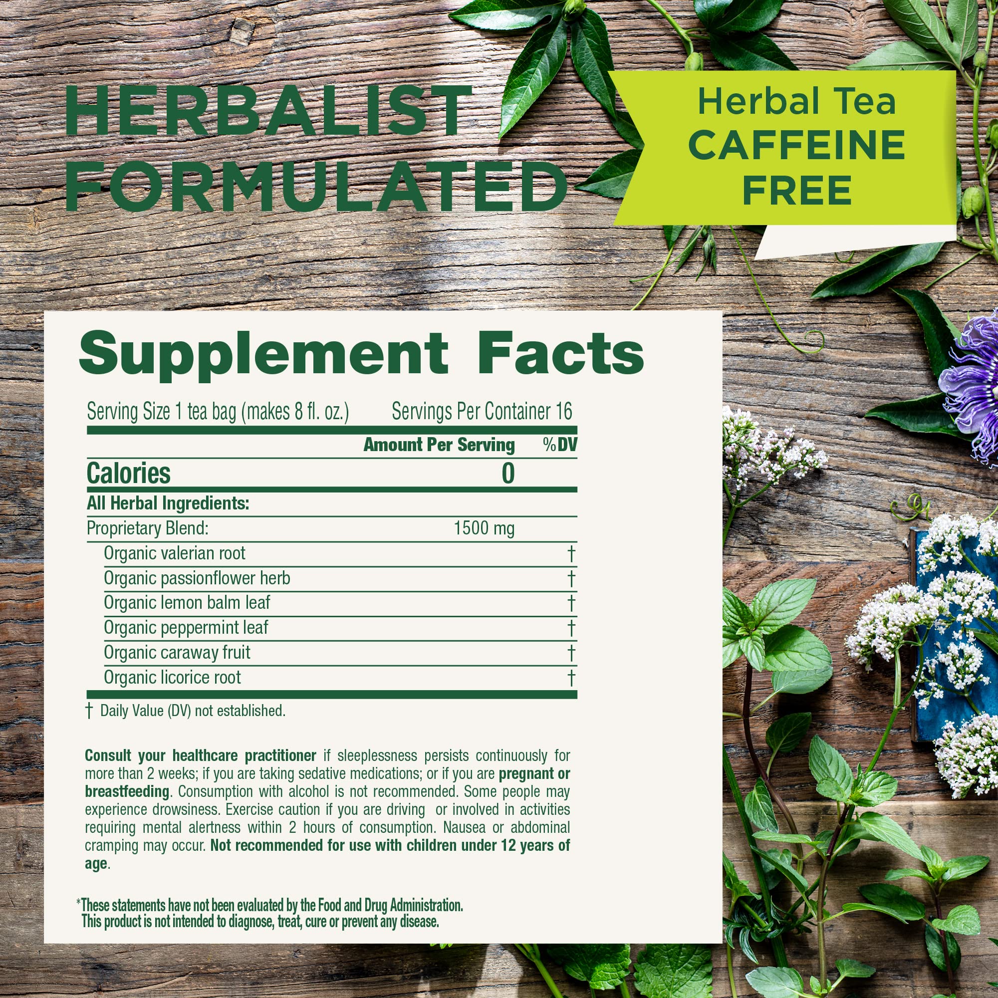 Traditional Medicinals valerian root herbal tea bags box side view showing ingredients