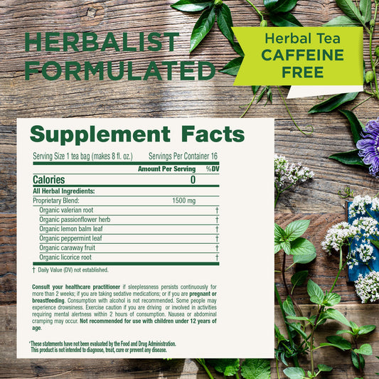 Traditional Medicinals valerian root herbal tea bags box side view showing ingredients