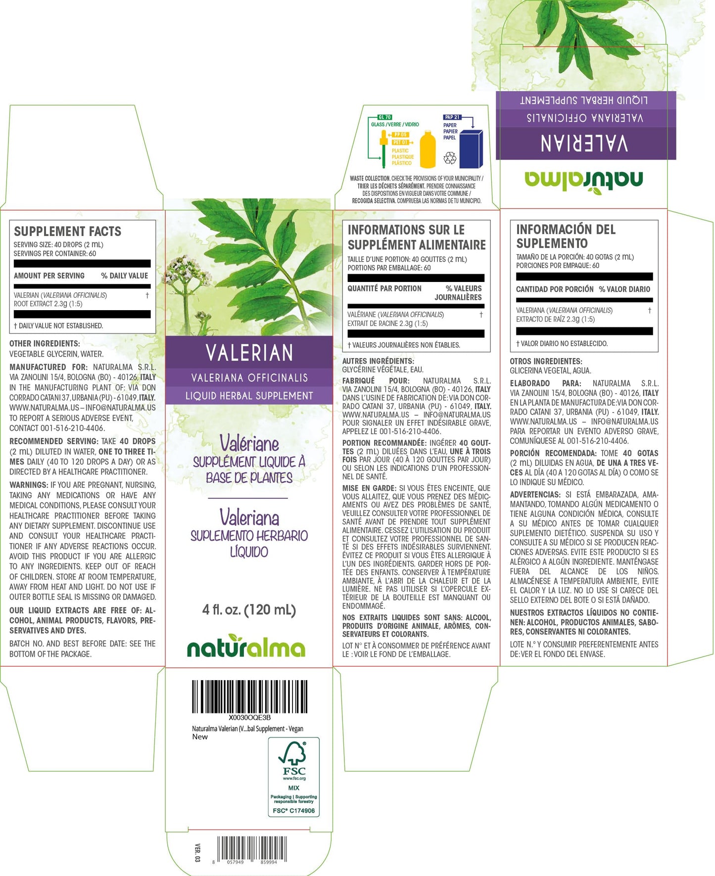 Naturalma Valerian Root 4 Fluid Ounce bottle showcasing the clean vegan liquid formulation