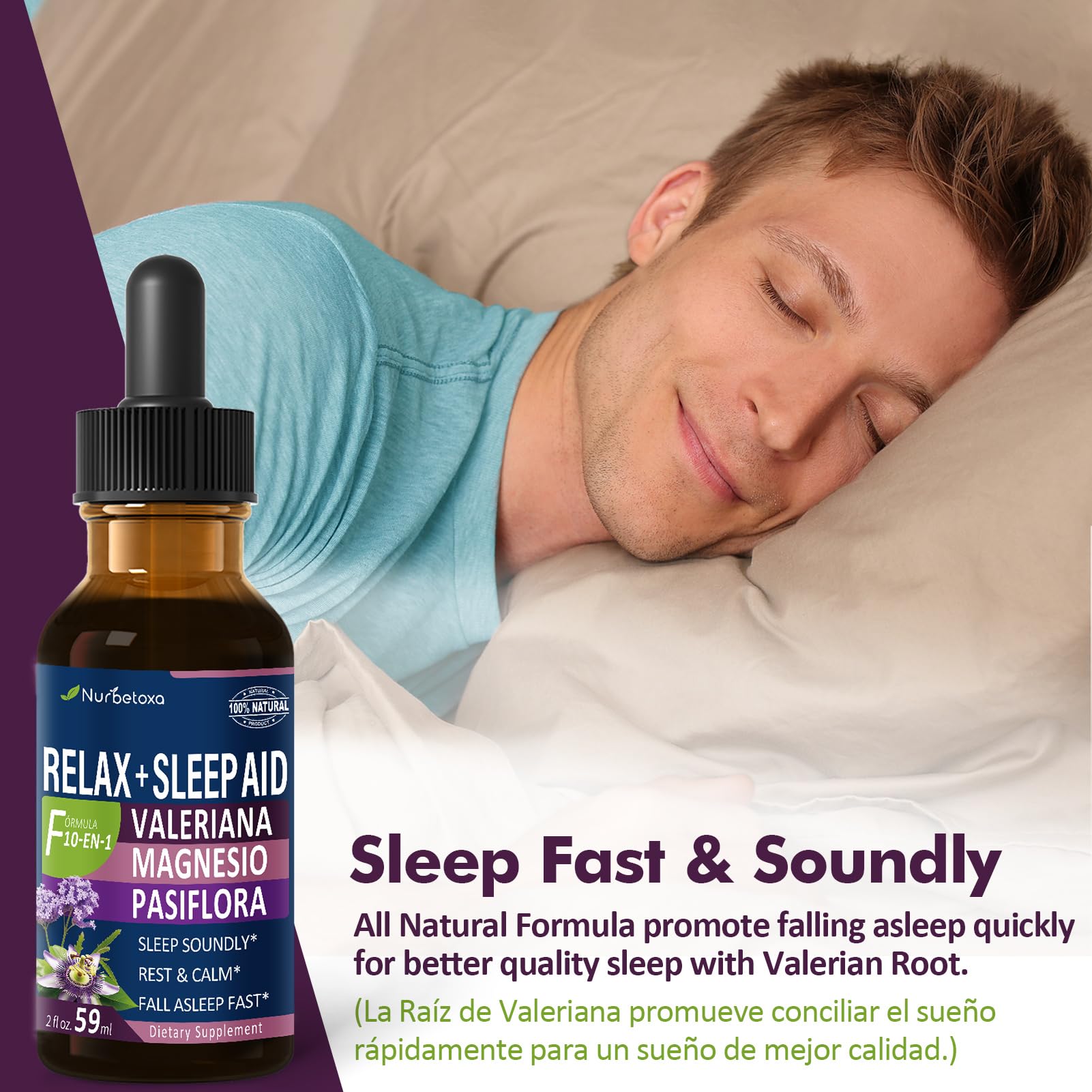 Nurbetoxa liquid melatonin free sleep tincture with dropper showing liquid consistency.