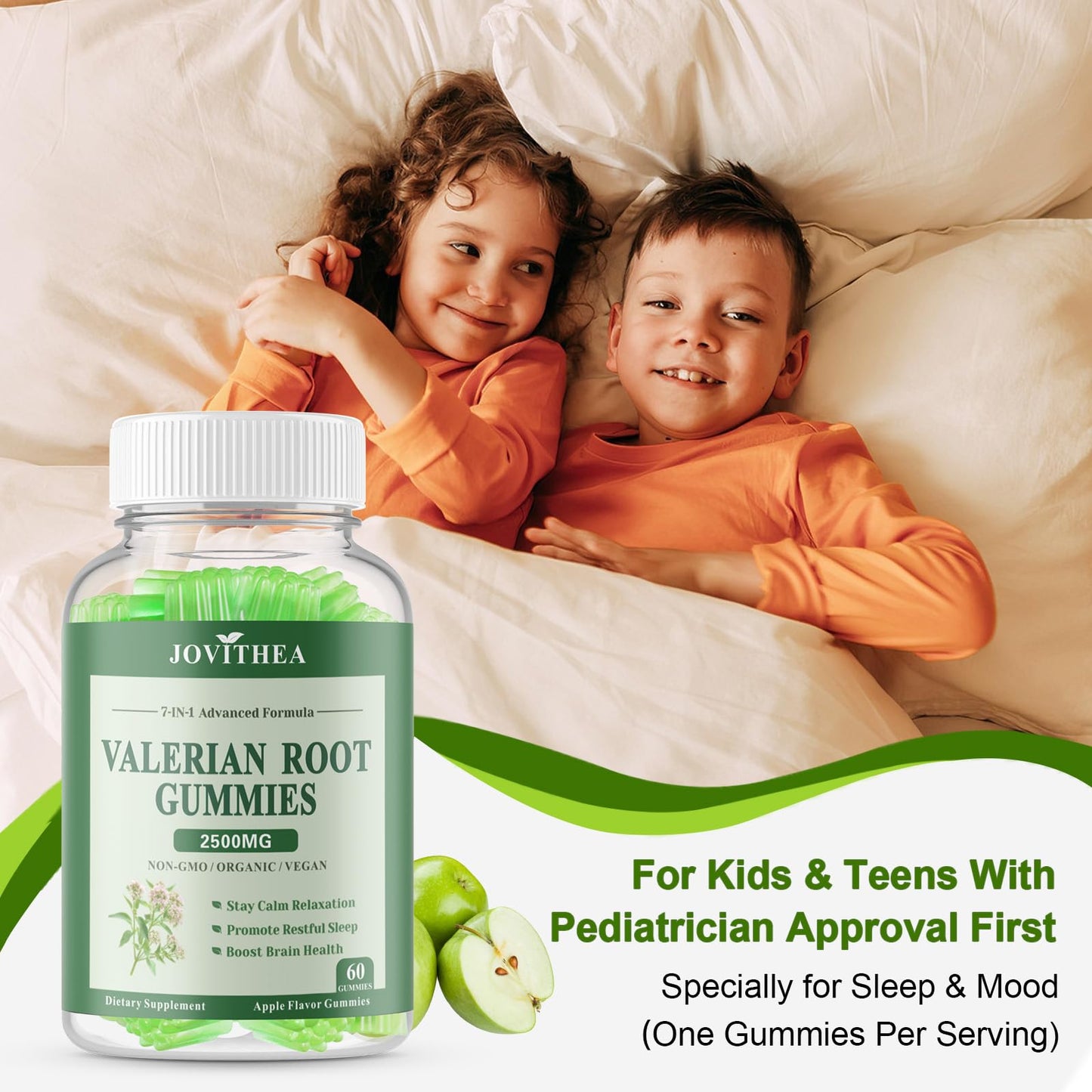 JOVITHEA organic sleep aid gummies side label showing non GMO and gluten free icons