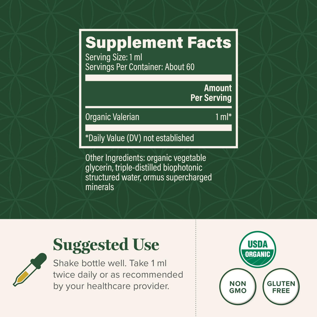 Global Healing Organic Valerian Root raw herbal extract packaging showing USDA organic and non-GMO certification seals