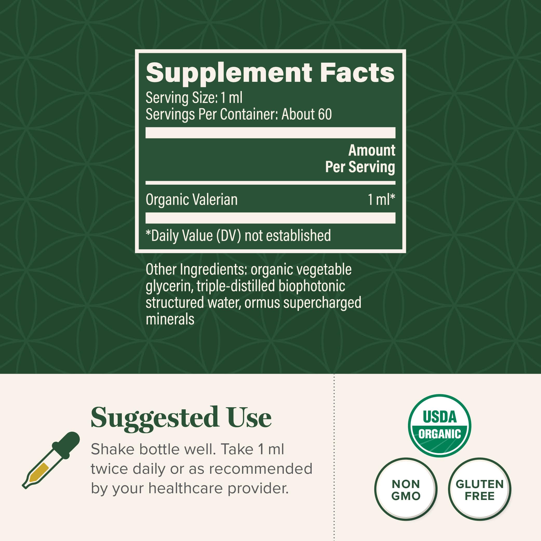 Global Healing Organic Valerian Root raw herbal extract packaging showing USDA organic and non-GMO certification seals