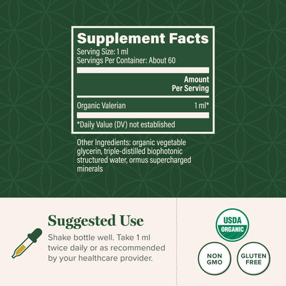 Global Healing Organic Valerian Root raw herbal extract packaging showing USDA organic and non-GMO certification seals