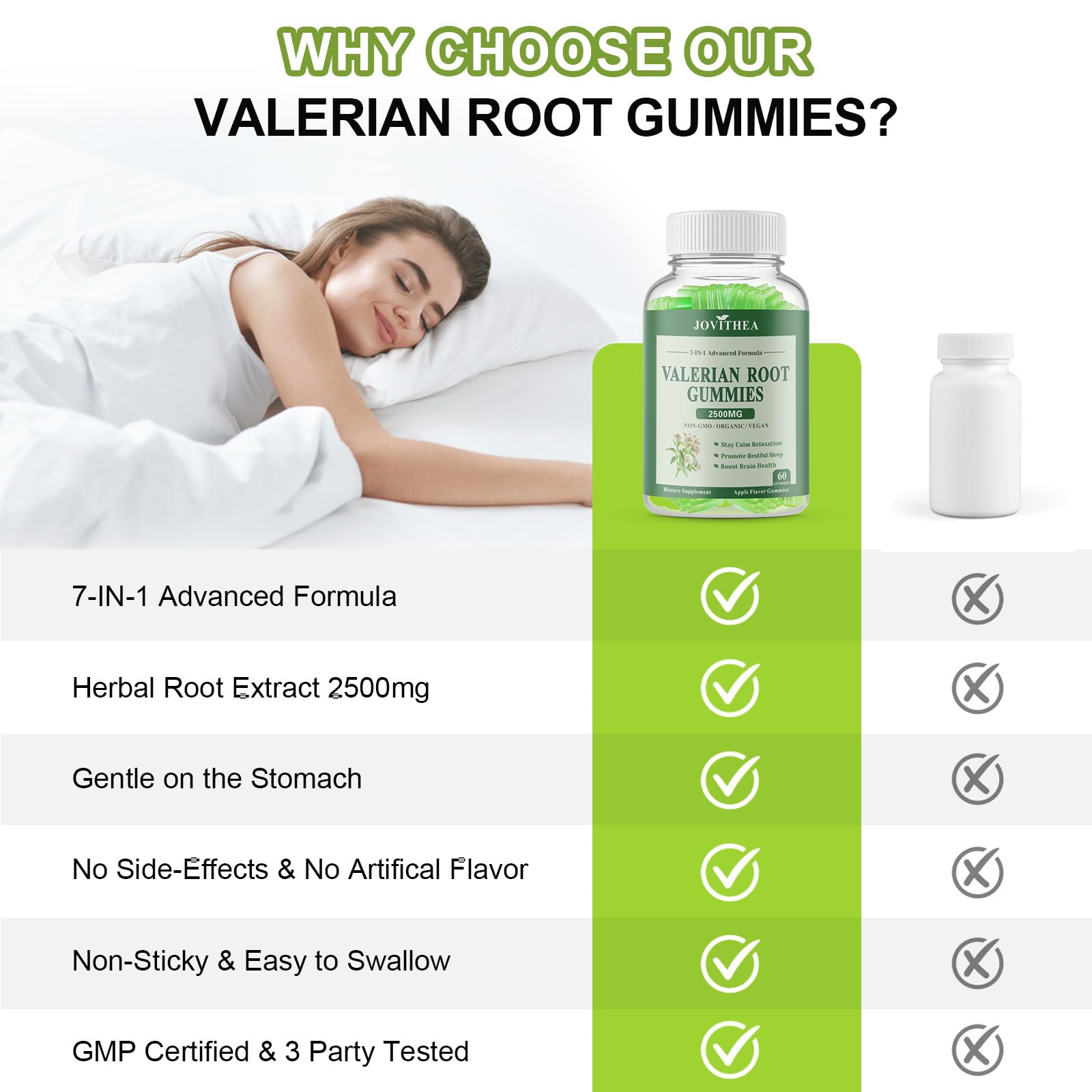 Authentic JOVITHEA valerian root supplement bottle display with natural ingredients graphic