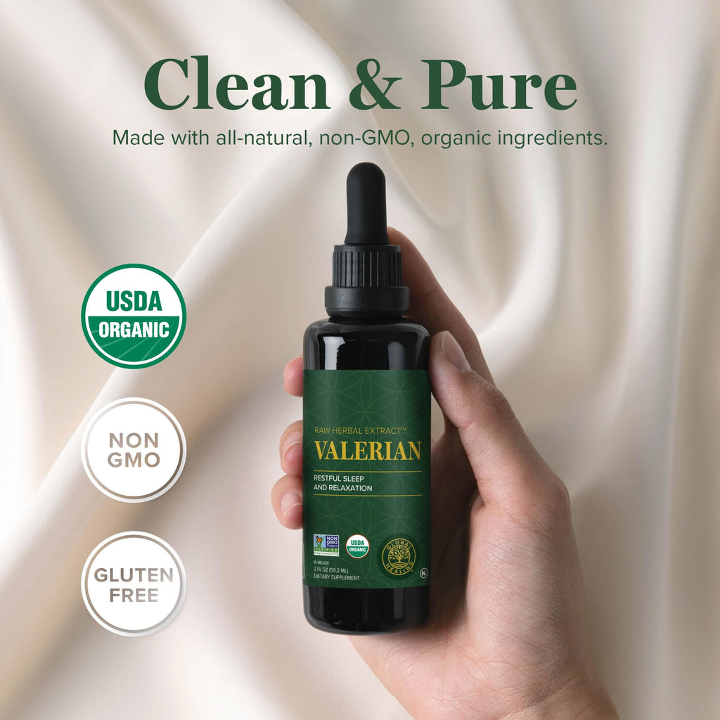 Side label of Global Healing Valerian Root two fluid ounce bottle outlining pure vegan and gluten-free ingredients