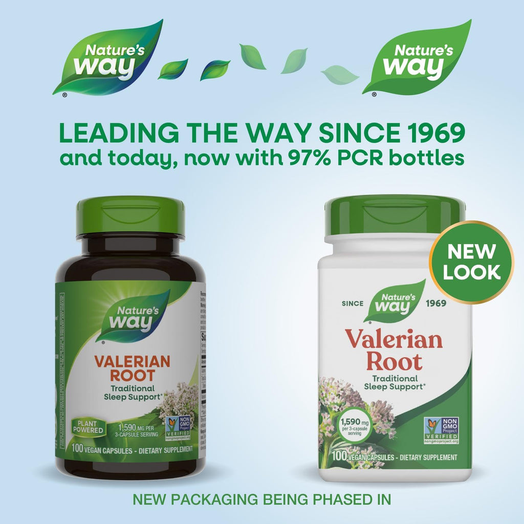 Nature's Way Valerian Root dietary supplement showing organic ingredients and non GMO verified seal