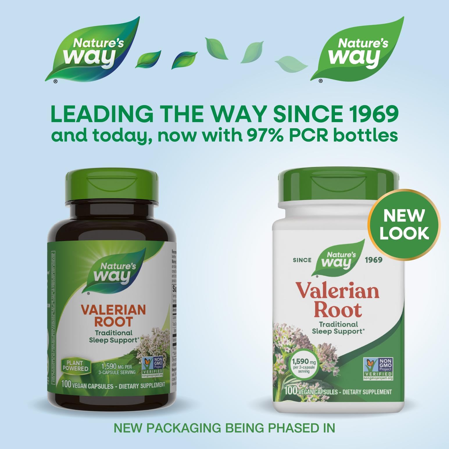 Nature's Way Valerian Root dietary supplement showing organic ingredients and non GMO verified seal