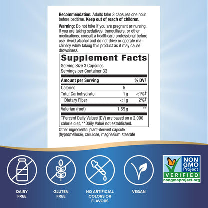 Nature's Way Valerian Root side panel showing allergen free and TRU ID certification details