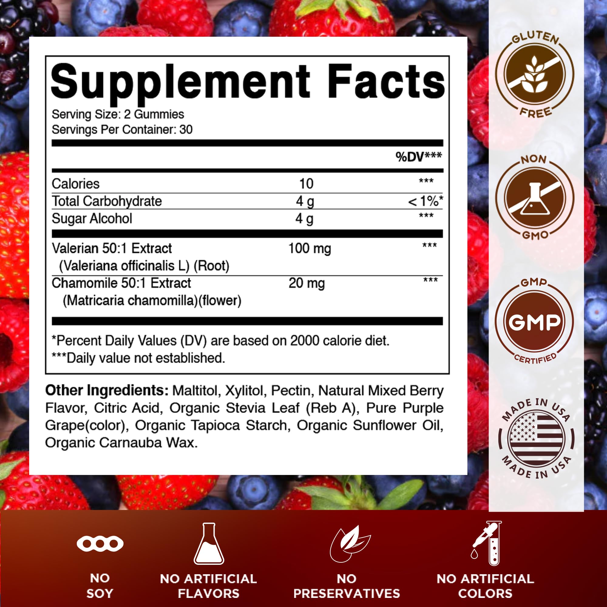 Vitamatic herbal sleep supplement gummies mixed berry flavor nutrition facts label