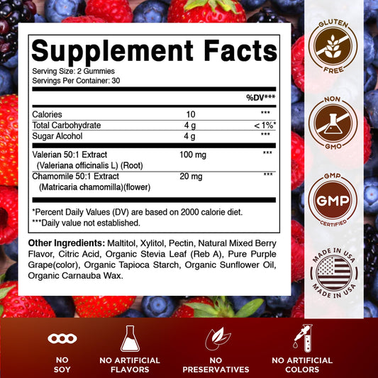 Vitamatic herbal sleep supplement gummies mixed berry flavor nutrition facts label