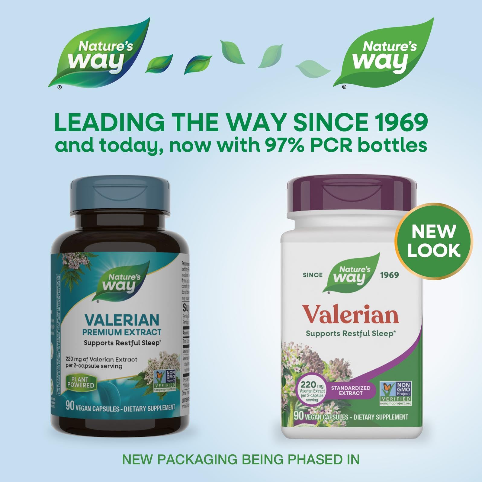 Nature's Way Valerian vegetarian capsules bottle display highlighting the Non-GMO Project Verified seal.