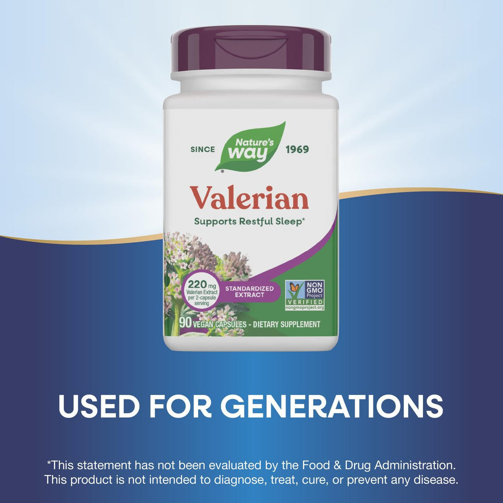 Side panel of Nature's Way Valerian showing the vegan certification and allergen-free product information.