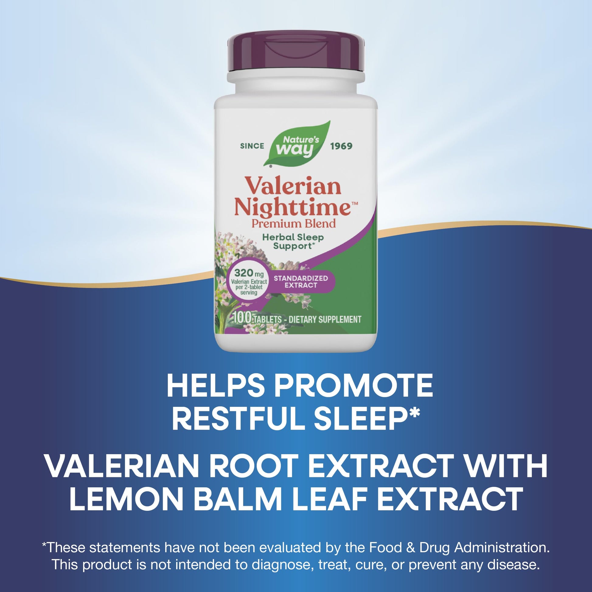 Nature's Way Valerian Nighttime 320mg tablets displayed next to the product bottle packaging.