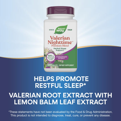 Nature's Way Valerian Nighttime 320mg tablets displayed next to the product bottle packaging.
