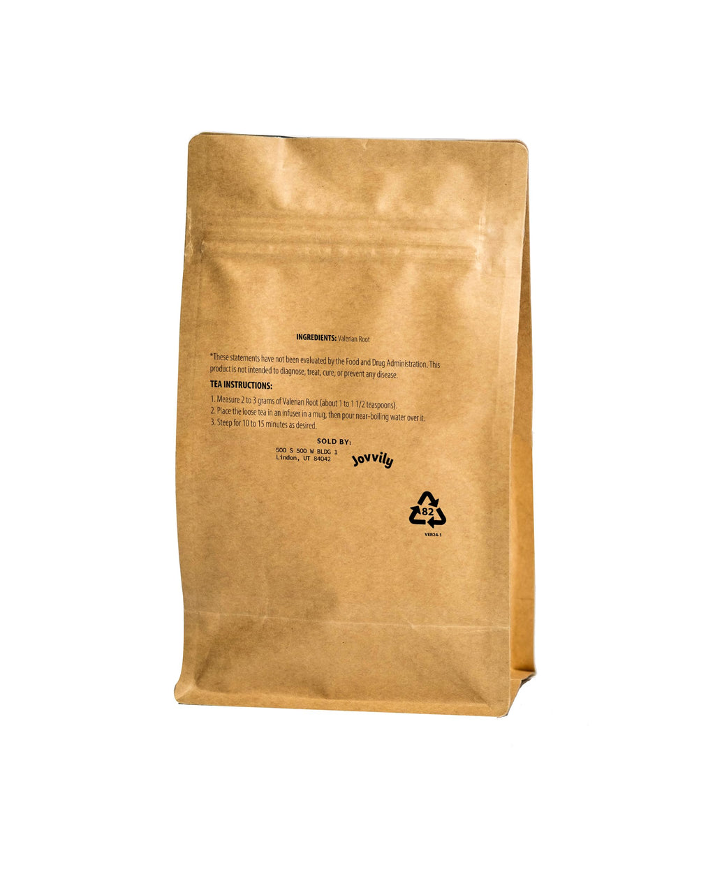 Authentic USA imported Jovvily loose leaf valerian root supplement bag standing upright.