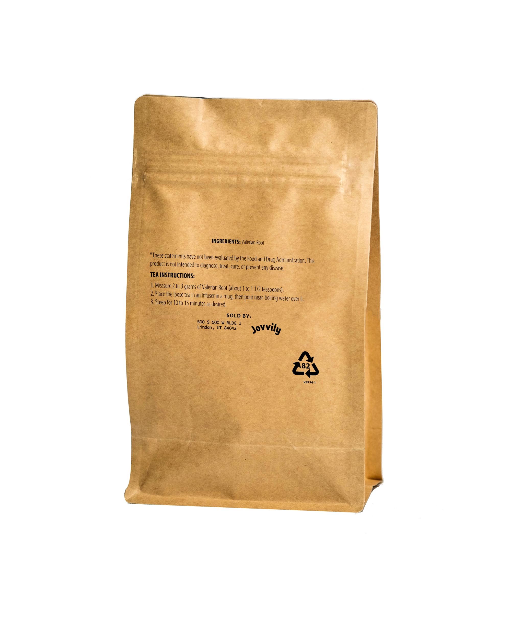 Authentic USA imported Jovvily loose leaf valerian root supplement bag standing upright.