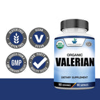 Full product packaging layout of the USA-manufactured organic valerian root showing manufacturing standards details.