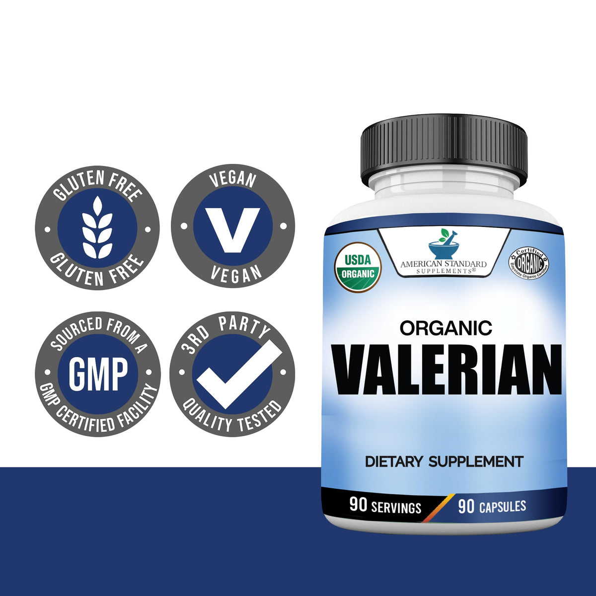Full product packaging layout of the USA-manufactured organic valerian root showing manufacturing standards details.