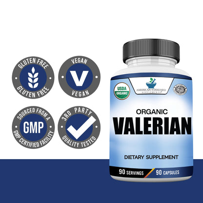 Full product packaging layout of the USA-manufactured organic valerian root showing manufacturing standards details.