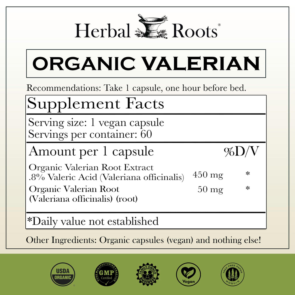 Herbal Roots organic valerian root capsules side label showing nutritional facts and ingredients