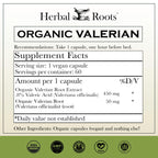 Herbal Roots organic valerian root capsules side label showing nutritional facts and ingredients