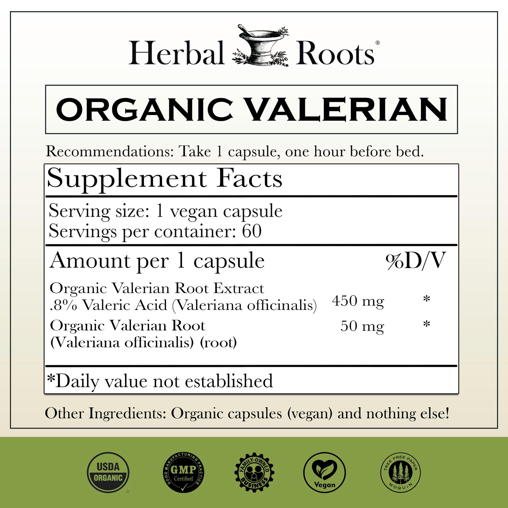 Herbal Roots organic valerian root capsules side label showing nutritional facts and ingredients