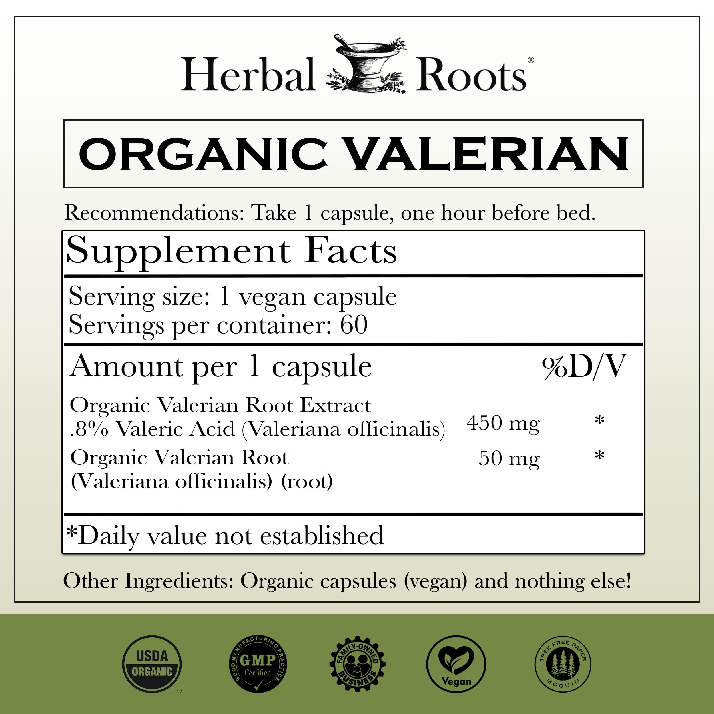 Herbal Roots organic valerian root capsules side label showing nutritional facts and ingredients