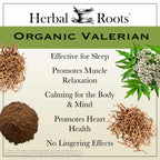 Herbal Roots non habit forming sleep support supplement bottle back view with certifications