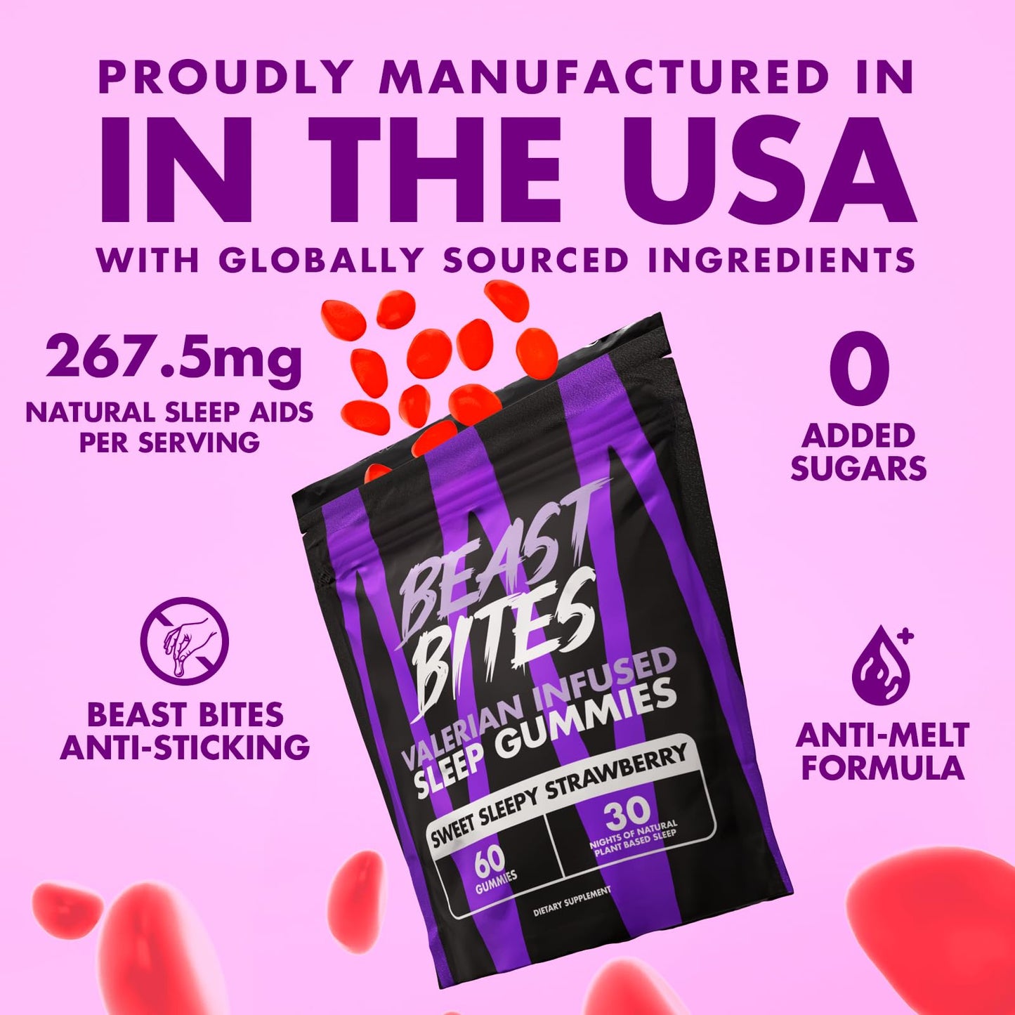 Beast Bites strawberry flavor sleep supplement bottle showcasing NSF Certified for Sport badge