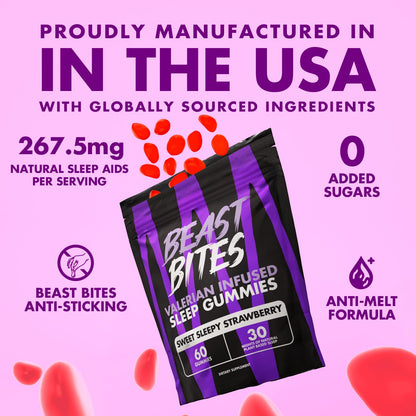 Beast Bites strawberry flavor sleep supplement bottle showcasing NSF Certified for Sport badge