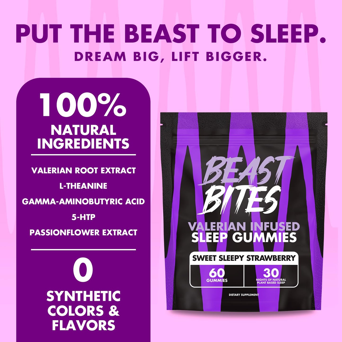 Side label of Beast Bites valerian root supplement listing magnesium and L-theanine ingredients