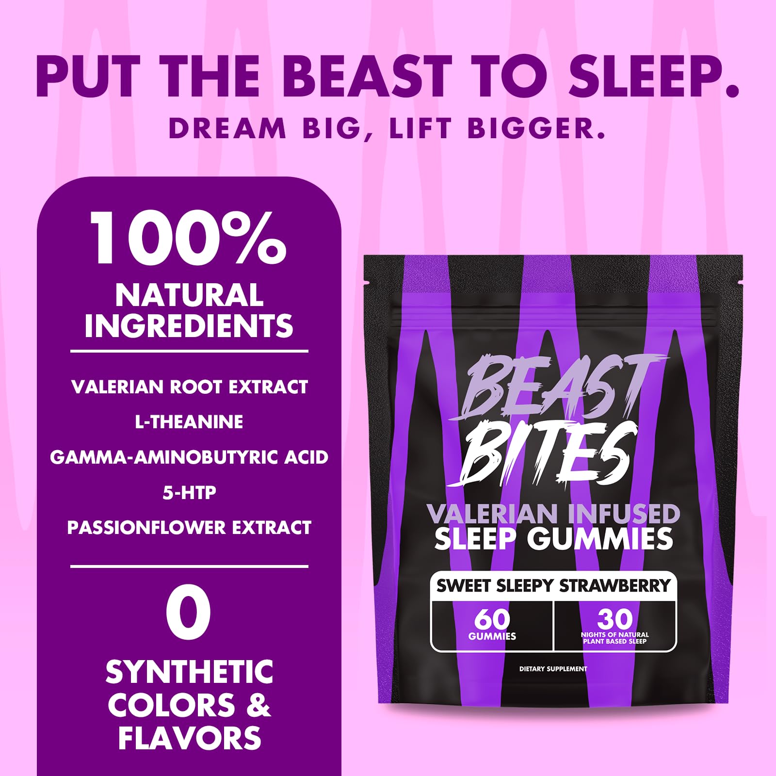 Side label of Beast Bites valerian root supplement listing magnesium and L-theanine ingredients