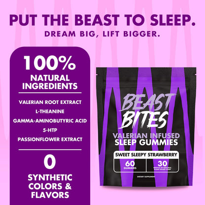 Side label of Beast Bites valerian root supplement listing magnesium and L-theanine ingredients