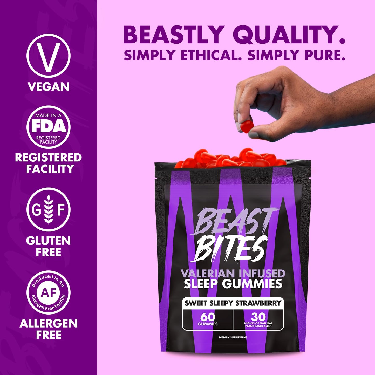 Sixty count bottle of plant-based nighttime recovery gummies for muscle relaxation