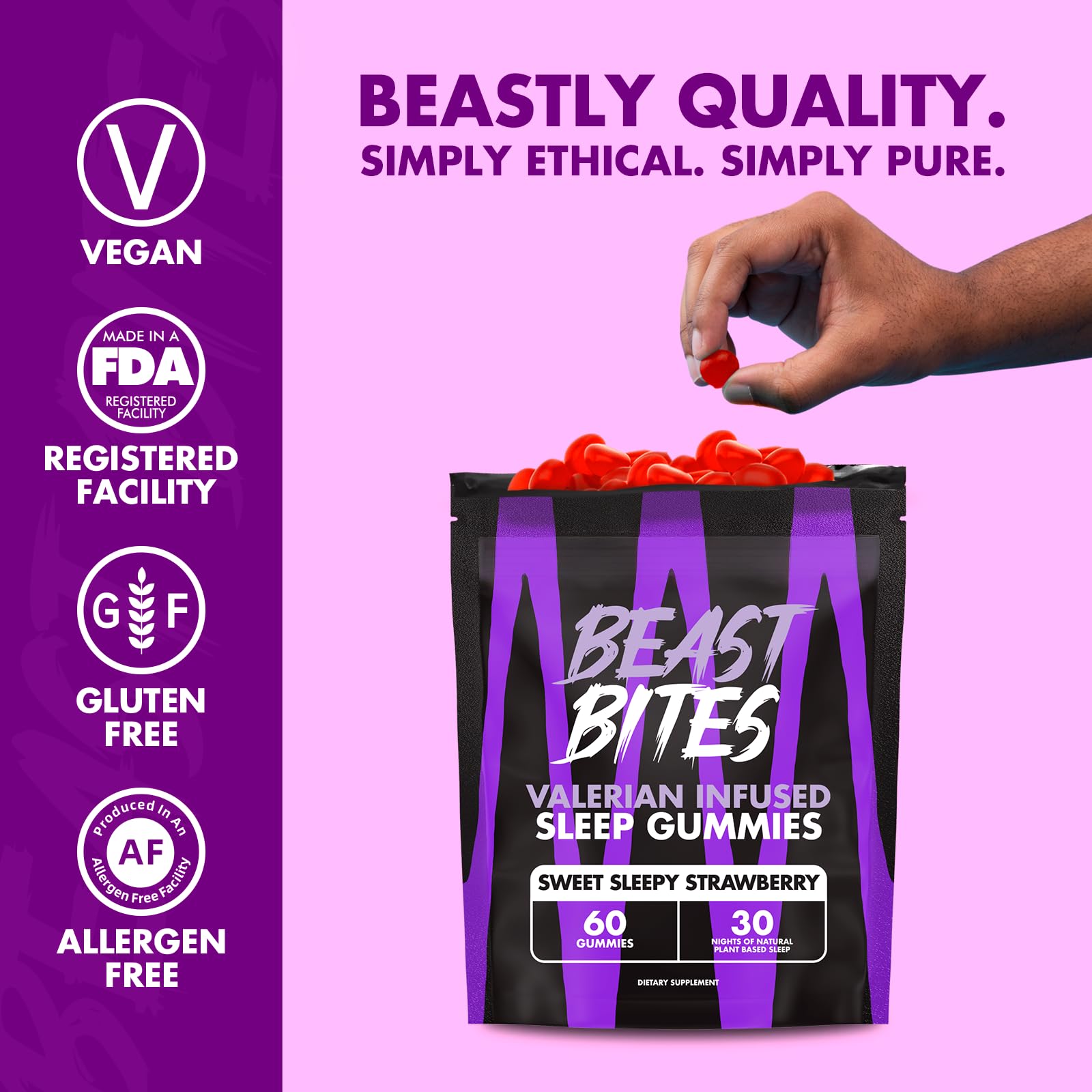 Sixty count bottle of plant-based nighttime recovery gummies for muscle relaxation