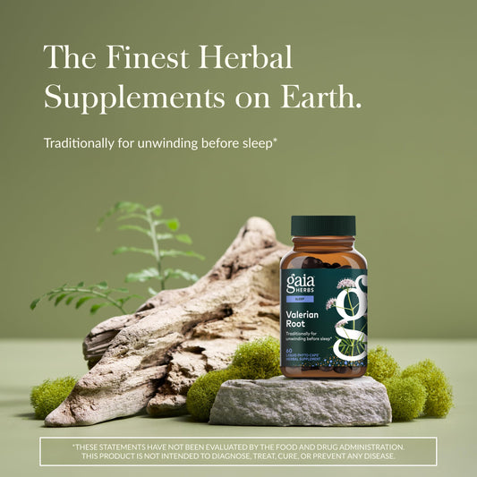 Gaia Herbs Valerian Root herbal supplement packaging displaying active ingredients and dosage details