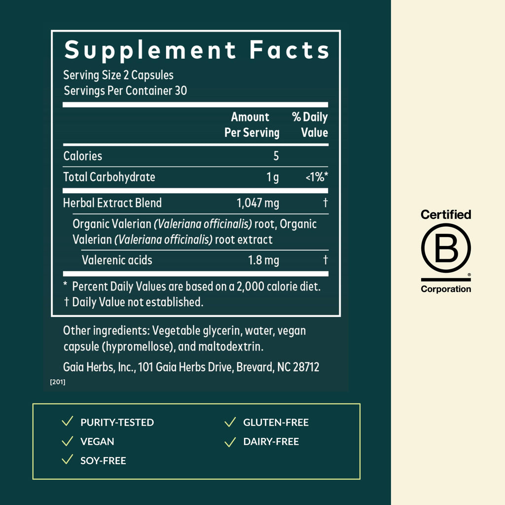 Liquid Phyto Capsules of Gaia Herbs Valerian Root showing the liquid fill technology